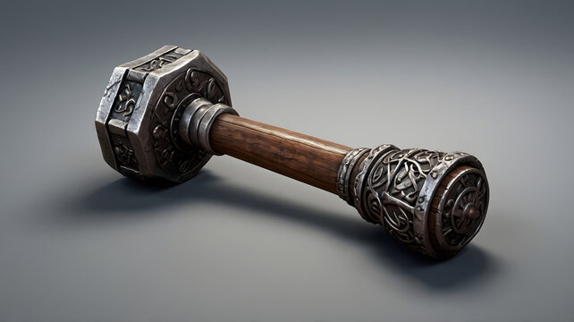 Ornate Decorative Dumbbell with Intricate Design and Wooden Handle on Gray Background