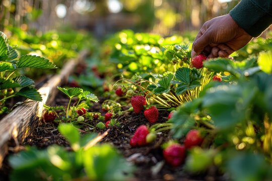 Rows of wild strawberry plants in a lush garden, ripe berries among green leaves