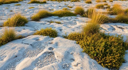 Hardy, drought-tolerant flora thriving on chalky substrate. Wild grasses and low-lying plants covering a rugged limestone landscape, sunlight, substrate, rural