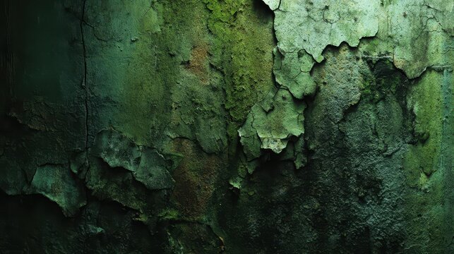Rugged green wall surface with grime and patina, rustic backdrop texture