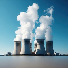 Large industrial facility with giant cooling towers releasing massive plumes of steam into the atmosphere against a bright blue sky, steam, industrial landscape, generation