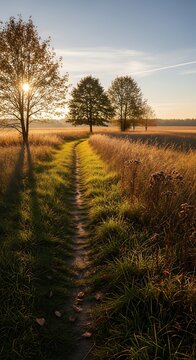 Path through a golden field with trees under a warm morning sun
