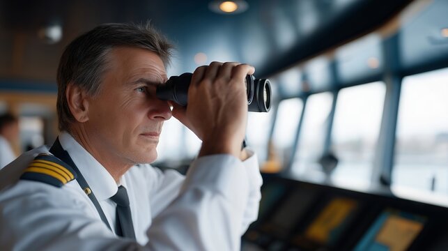 Ship captain on bridge wing scanning horizon with binoculars during a narrow channel transit, perfect for maritime command, vessel bridge operations, captain profession, ship navigation, modern