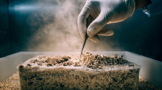A mushroom cultivator injecting grain spawn into a sterilized substrate a laboratory inoculation chamber.