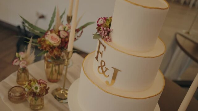 White tiered cake with gold letters and floral decor