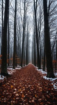 Path through bare trees in a misty forest with fallen autumn leaves