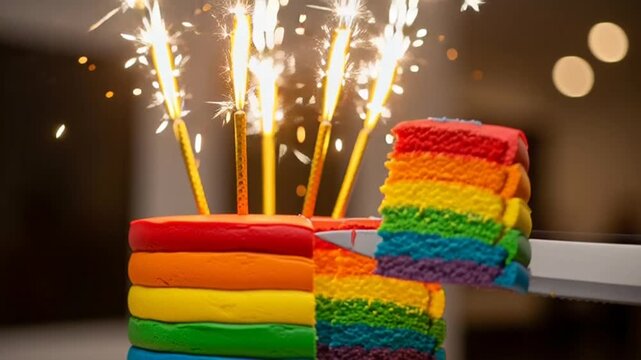 Rainbow Birthday Cake with Sparklers Being Sliced