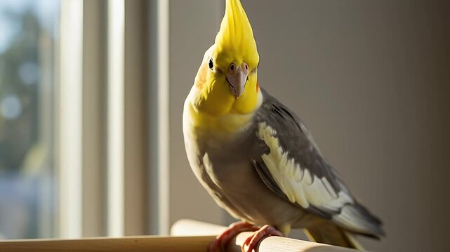 A yellow and gray cockatiel stands on perch with window behind