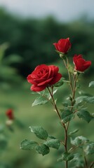 Obraz premium Dew Covered Red Roses Blooming Upward in Vertical Shot of Nature's Beauty