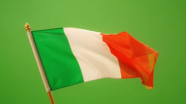Waving Irish flag on green screen chroma key background footage