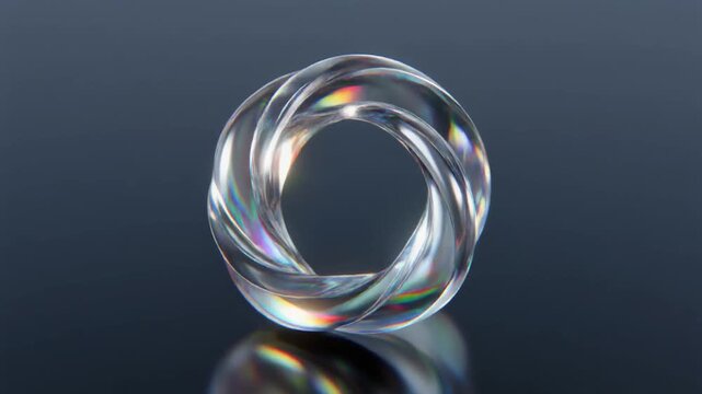 Capturing a glass torus prism ring with refraction on a reflective surface in a dark studio, viewed from a side angle