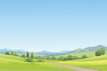 Rolling Green Hills Landscape with Path Under Clear Blue Sky