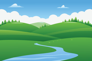 Obraz premium Rolling Green Hills with Winding River Under Blue Sky and CloudsStock Illustration