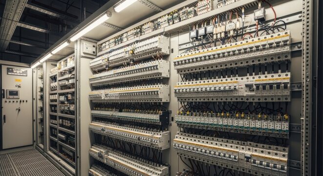 Inside a large electrical panel room with rows of circuit breakers and wiring