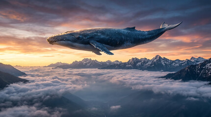 Fototapeta premium Giant blue whale floats peacefully above a thick layer of clouds and snowy mountain peaks during a dramatic sunset sky.