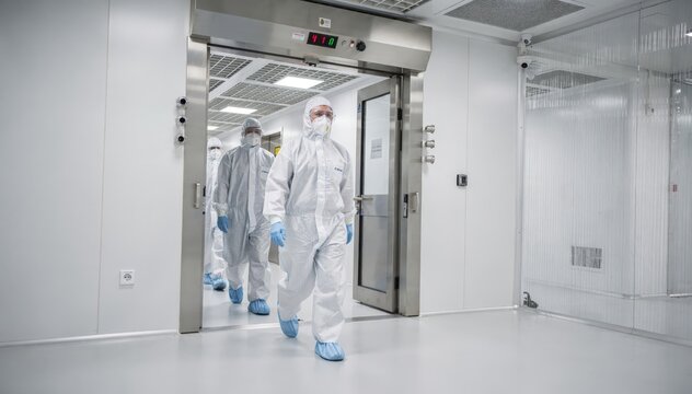 Personnel dressed in full cleanroom attire carefully pass through an ISO 5 airlock featuring unidirectional airflow and advanced contamination control measures.