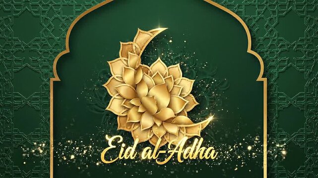 Golden Islamic ornament with arabesque patterns celebrating Eid al-Adha in a luxurious green background scenery viewed from directly above