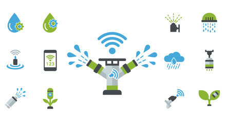 Smart Irrigation System Icons: Water, Rain, Sprinkler, Mobile Control, Technology © reed