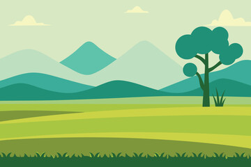 Obraz premium Stylized Landscape with Rolling Hills Lone Tree and Mountains in Background Flat Design
