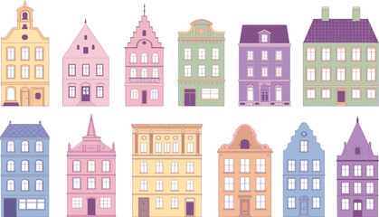 Naklejka premium Colorful European building facades set, old town street architecture vector illustration