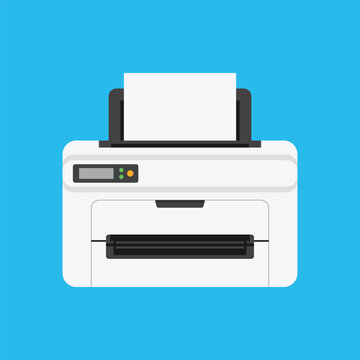 Office printer flat vector illustration isolated on a blue backdrop