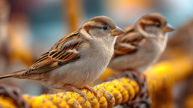 Two sparrows perched on a rope
