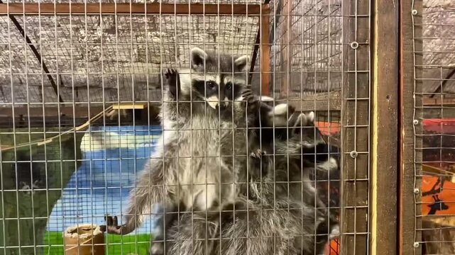 Raccoons and coatis in a petting zoo.
