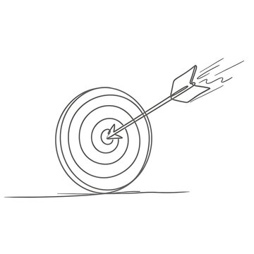 Arrow hitting bullseye target in continuous line drawing illustration.