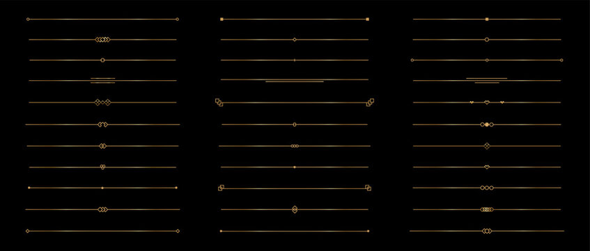 Golden thin separator, divider set on black background. Elegant gold linear borders luxury collection in art deco style. Vector illustration