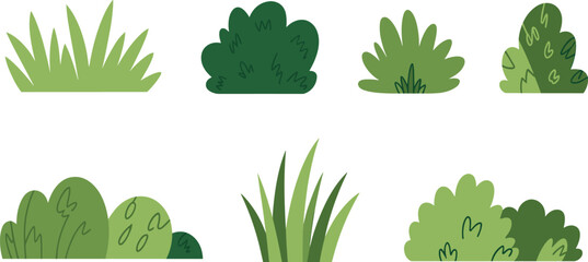 Green bushes and grass tufts set, various garden plant shrub vector illustration © MdMajnur