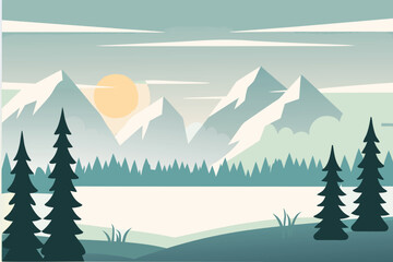 Winter Mountain Landscape with Sun and Pine TreesMinimalist Vector Illustration