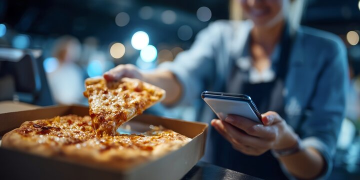 Modern food court kiosk checkout with phone near NFC pad and pizza box