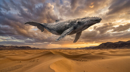 Naklejka premium A massive humpback whale is suspended in the dramatic, stormy sky above a vast, undulating desert landscape at sunset.