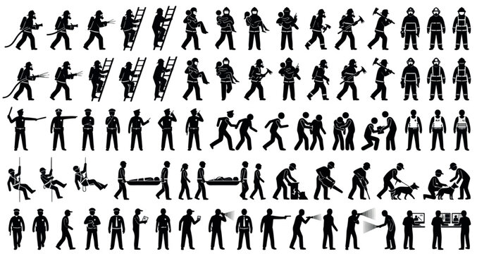 Emergency & Rescue Silhouette Set Pack. Editable Vector Illustration. featuring firefighter, police, rescuer, worker, emergency, public, service, hero, safety, security, profession, uniform, hat more.