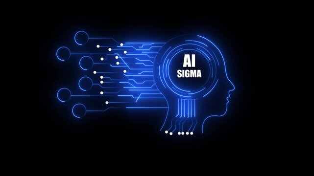 Glowing neon blue human head silhouette with AI SIGMA text inside digital circuit brain representing artificial intelligence and advanced technology.
