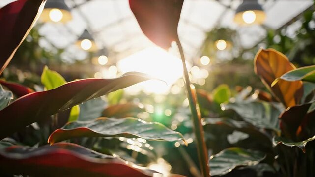 Close-up view of lush green plants in a greenhouse illuminated by soft sunlight streaming through the roof