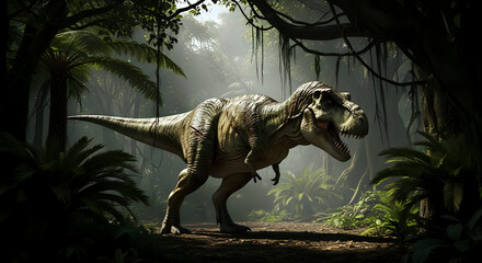 Tyrannosaurus Rex roaming through dense prehistoric jungle environment