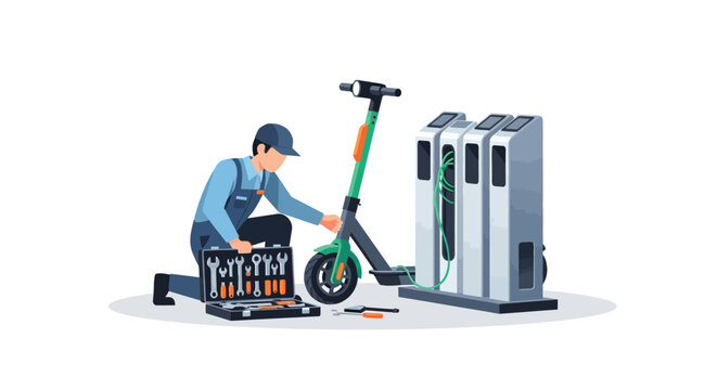 Electric scooter repair technician vector illustration