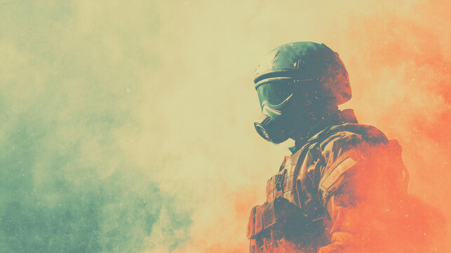 
Masked Soldier in War Smoke Cinematic Battlefield Scene with Copy Space