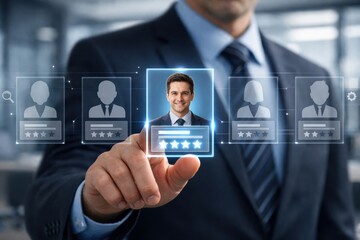 Corporate manager evaluating candidate profile with star rating on virtual holographic screen