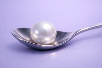 Shiny white pearl resting on metal spoon against soft purple background minimal luxury concept