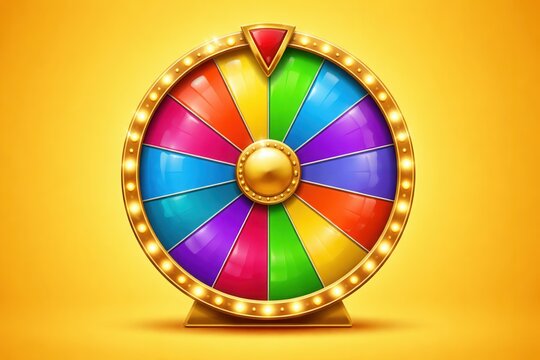 Colorful prize wheel with golden frame and pointer isolated on bright yellow background
