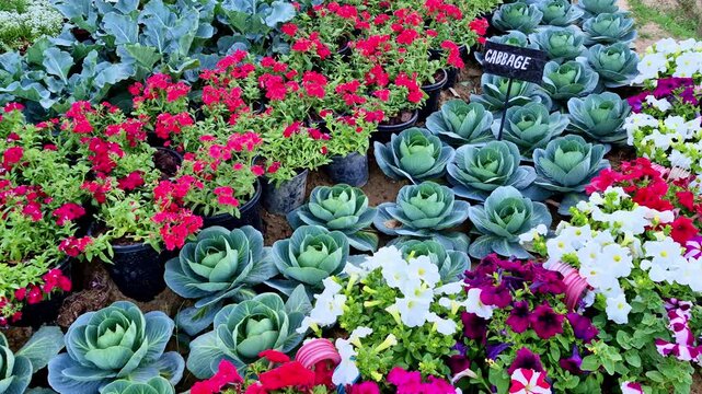 Garden display with rows of cabbage (Brassica oleracea) plants alongside blooming petunias (Petunia) and red verbena (Verbena) arranged in neat beds and pots.