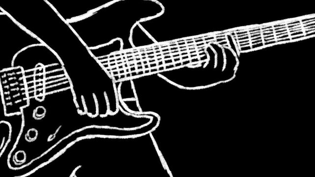 rotoscope animation of guitarist playing electric guitar. sketch doodle raw line style on black background