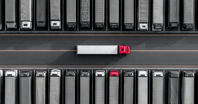 Overhead view Red truck on road, surrounded by rows of monochrome trailers
