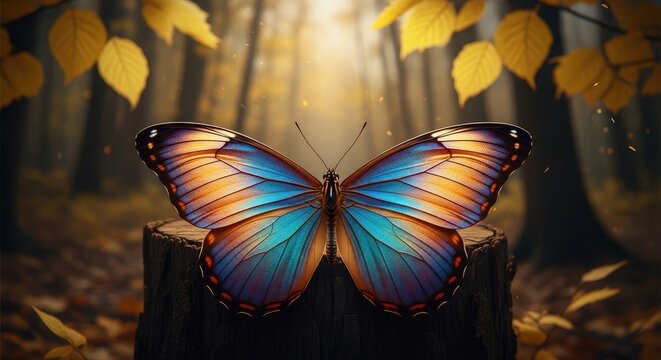 Vibrant butterfly perched on a tree stump in autumn forest