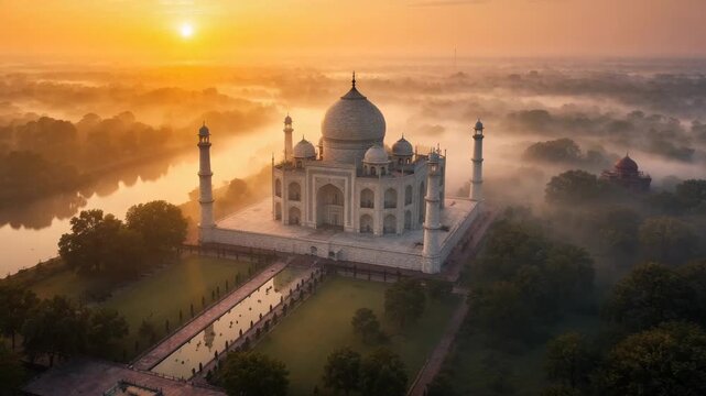 Taj mahal at sunrise with golden light and morning mist over river landscape in agra india