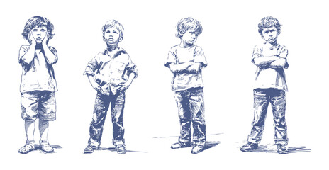 Emotional children sketch expressive kid characters. Boys showing surprise, confidence, and thoughtful childhood feelings. Hand crafted pencil illustration style, background for psychology themes.