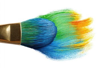Fototapeta premium Paintbrush with colorful bristles strokes across white background