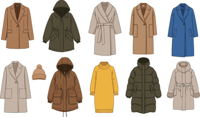 Collection of women winter outwear, wool coats, puffer jackets, parkas, knitted dress and beanie hat, fashion vector flat illustrations © MostMonira